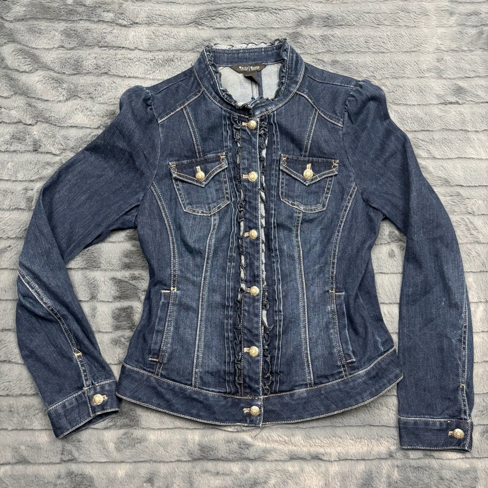 White House Black Market Ruffle Denim Jacket Dark Wash Gold Button Size 8